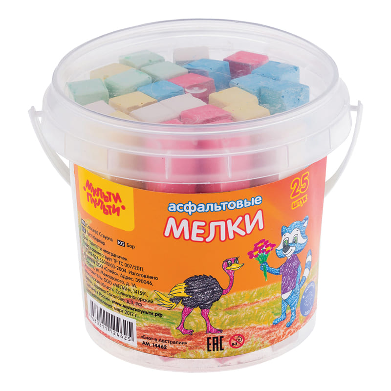 Мелки цветные для асфальта 'Енот в Австралии', 25 шт, 5 цв, пластиковое ведро, АМ_14462