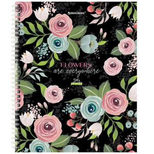 Тетрадь А5, 96л. "BRAUBERG.Flowers", клетка , твердая обложка , на гребне, 404444