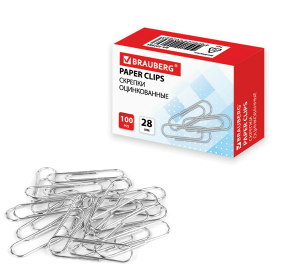Скрепки BRAUBERG, 28 мм, оцинкованные, 100 шт, в картонной коробке, 227583