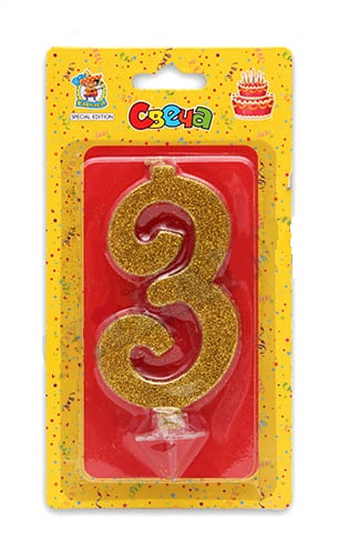 Свеча для торта 'Цифра 3. Золотой глитер' Миленд, картон. уп., европодвес, С-1895