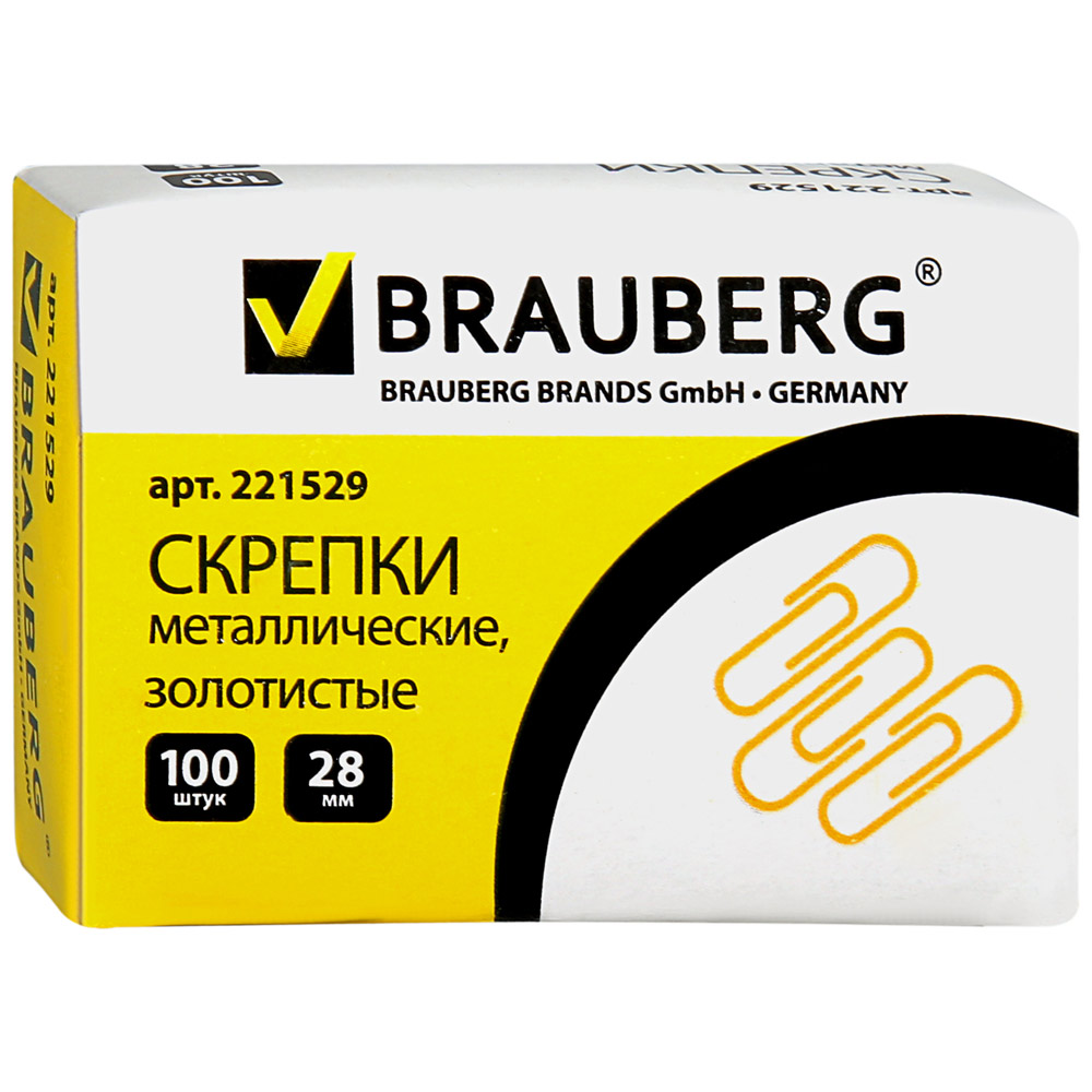 Скрепки 28 мм, BRAUBERG золотые, (100 шт;уп), 221529