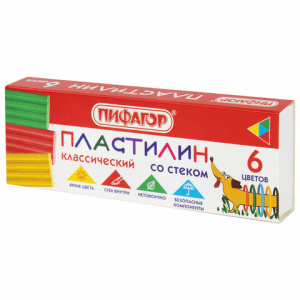 Пластилин классический 6 цв.ПИФАГОР "Веселая такса" , 90 г , СО СТЕКОМ, 106674