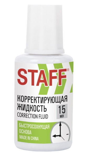 Корректирующая жидкость STAFF 'Basic', быстросохнущая, 15 мл, с кисточкой, 226055