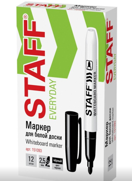 Маркер стираемый для белой доски STAFF EVERYDAY, черный 2,5 мм, тонкий, 151093